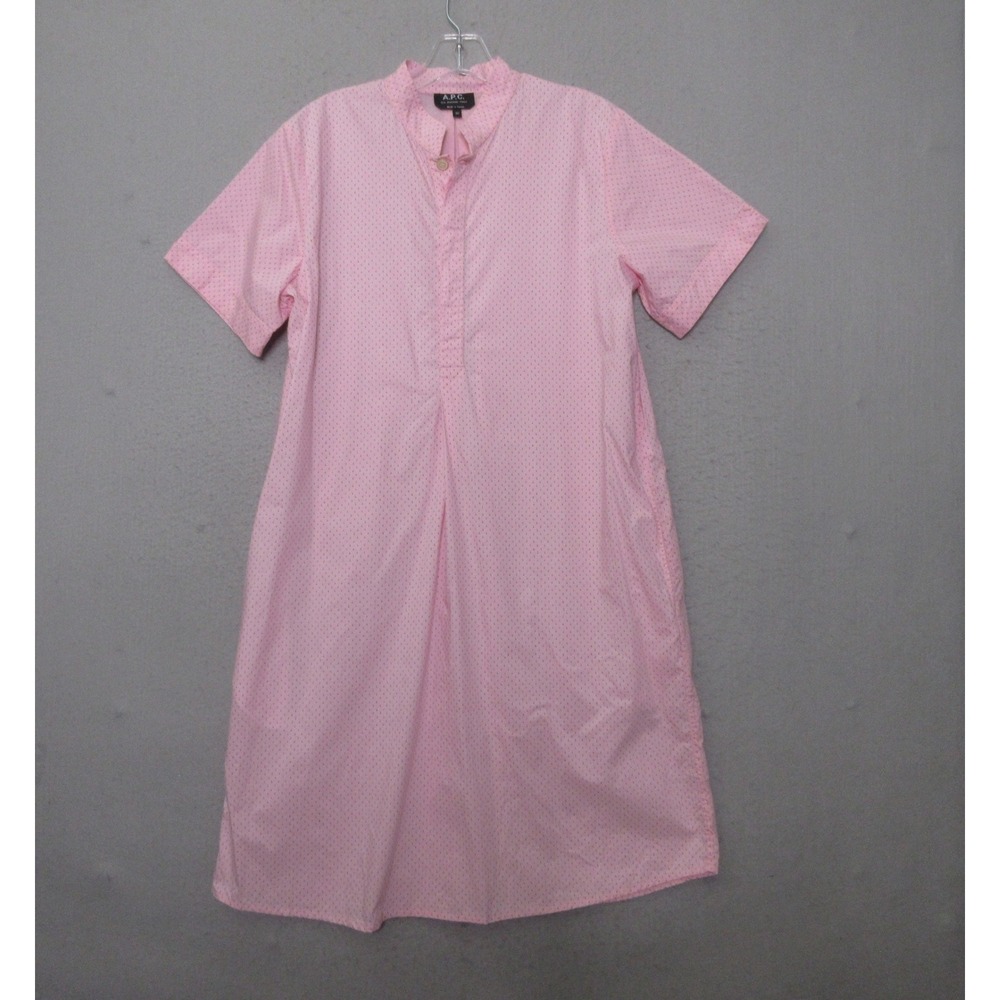 APC Shirt Dress Pink Polka Dot Cotton Band Collar Quiet Luxury Designer Pockets
